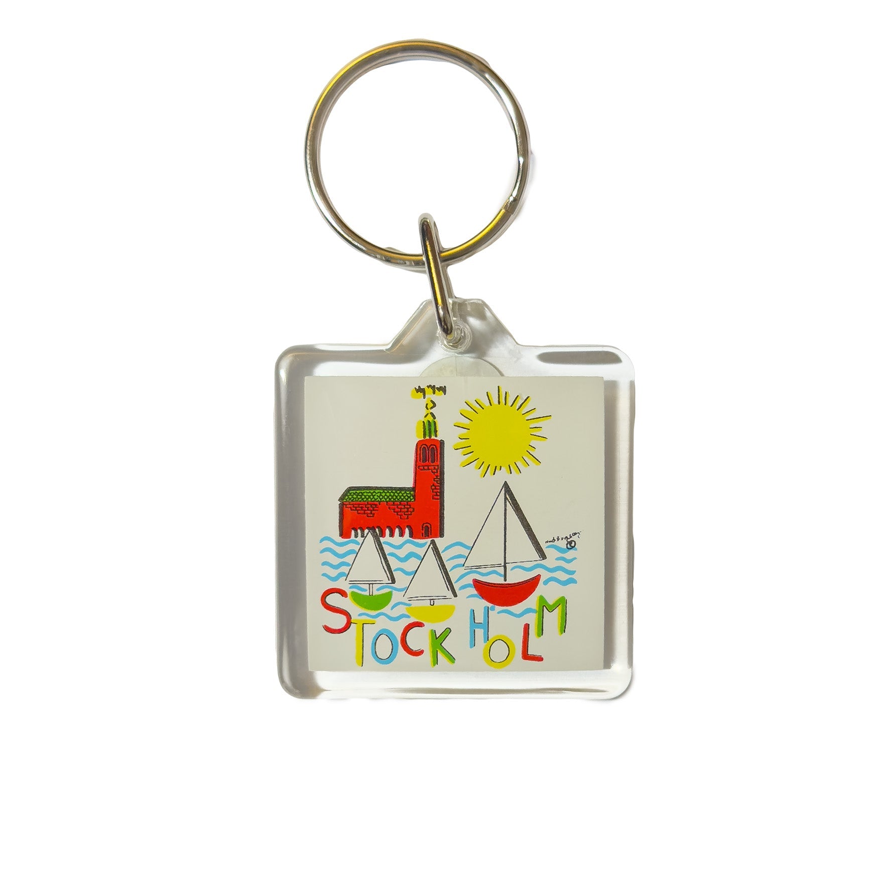 Colorful 'acrylic keyring' featuring Stockholm City Hall & boats, sailboats, and a bright sun illustration - Style Council