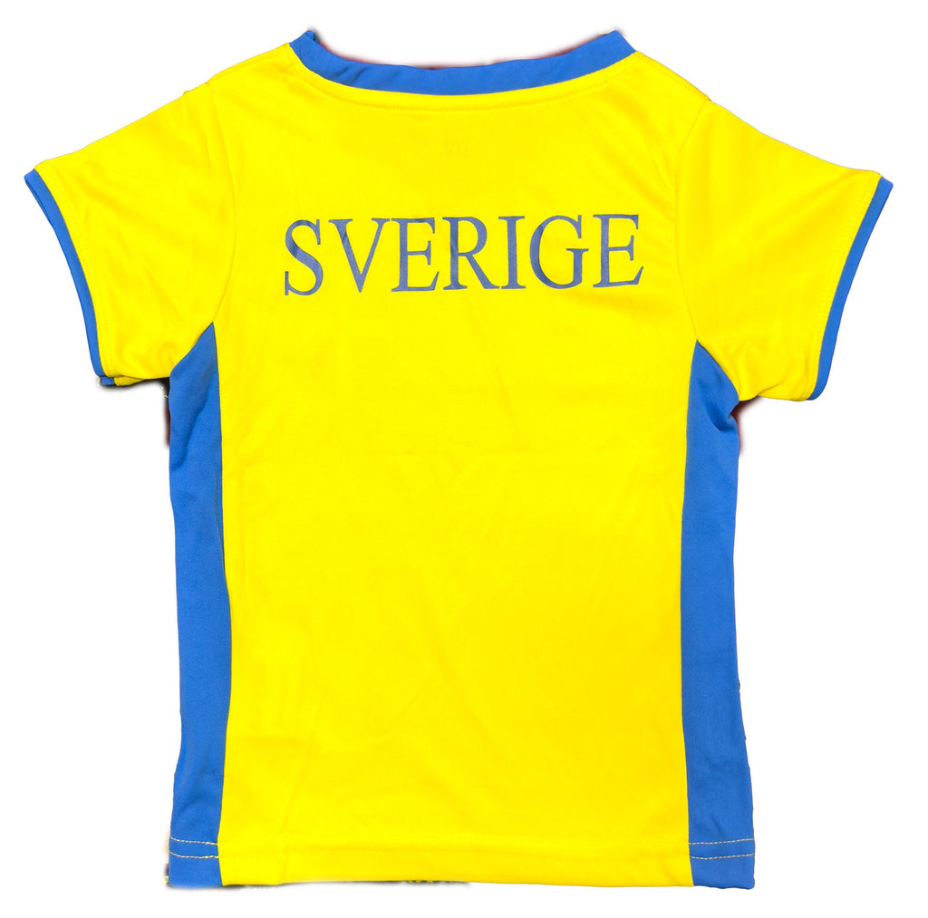 Back View of Bright yellow and blue Sweden football t-shirt for kids with Swedish flag emblem and “SWEDEN” print. - Swedish Kids Tee - Style Council