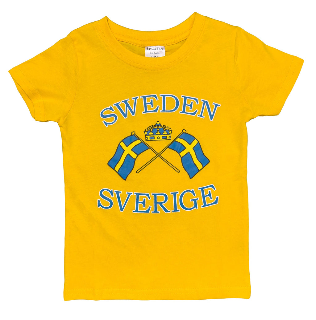 Forn View of Vibrant Kids t-shirt in Yellow featuring crossed Swedish flags and a crown. Made from 100% cotton - Style Council