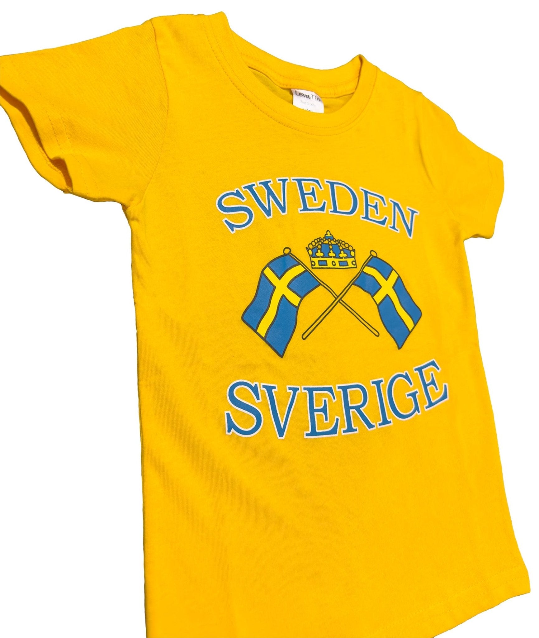 Side View of Vibrant Kids t-shirt in Yellow featuring crossed Swedish flags and a crown.- Style Council