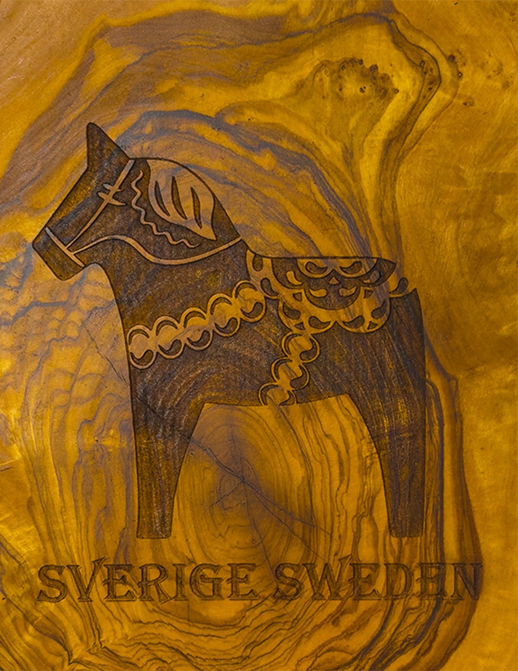 Design-Details' Dala Horse Olive Wood Cutting Board with Oval Handle –“Sverige Sweden” text. Handmade Souvenir -Style Council