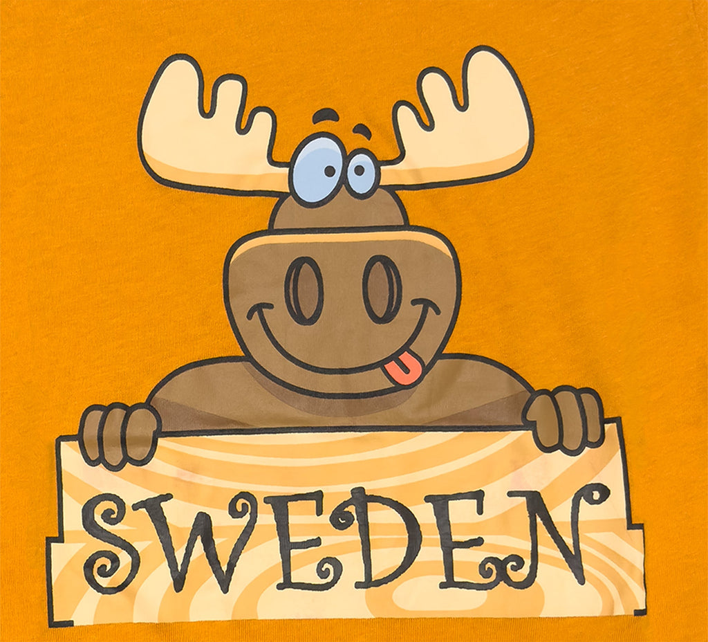 Design Details of Kids T-Shirt in Bright mustard Yellow - with a cute Sweden moose design, - Style Council 