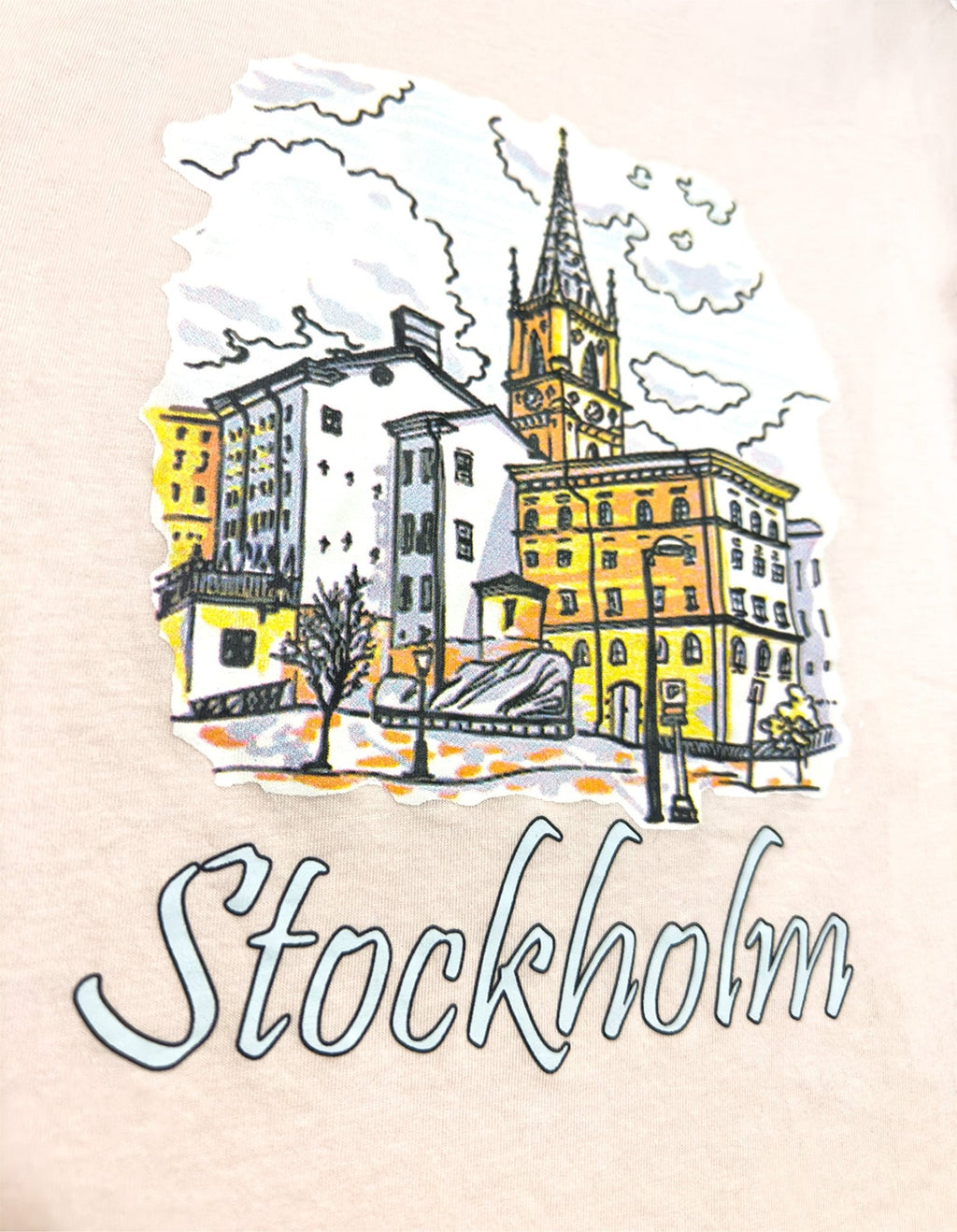 Design Details of Children’s T-Shirt in Pastel pink featuring Stockholm Riddarholmen Print. hand-drawn cityscape of Sweden Stockholm. - Style Council