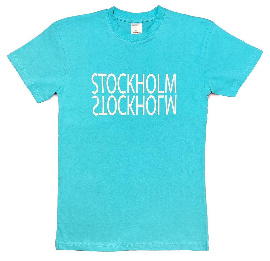 Modern turquoise Stockholm Reflection t-shirt Sky bule with mirrored “Stockholm” Text' print. - Style Council