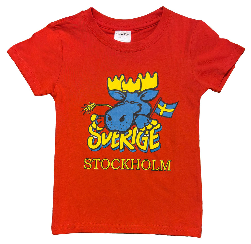 Adorable Sweden Moose Kids' T-Shirt in vibrant red Color featuring a cheerful moose with Swedish flag. Stockholm Souvenir - Style Council