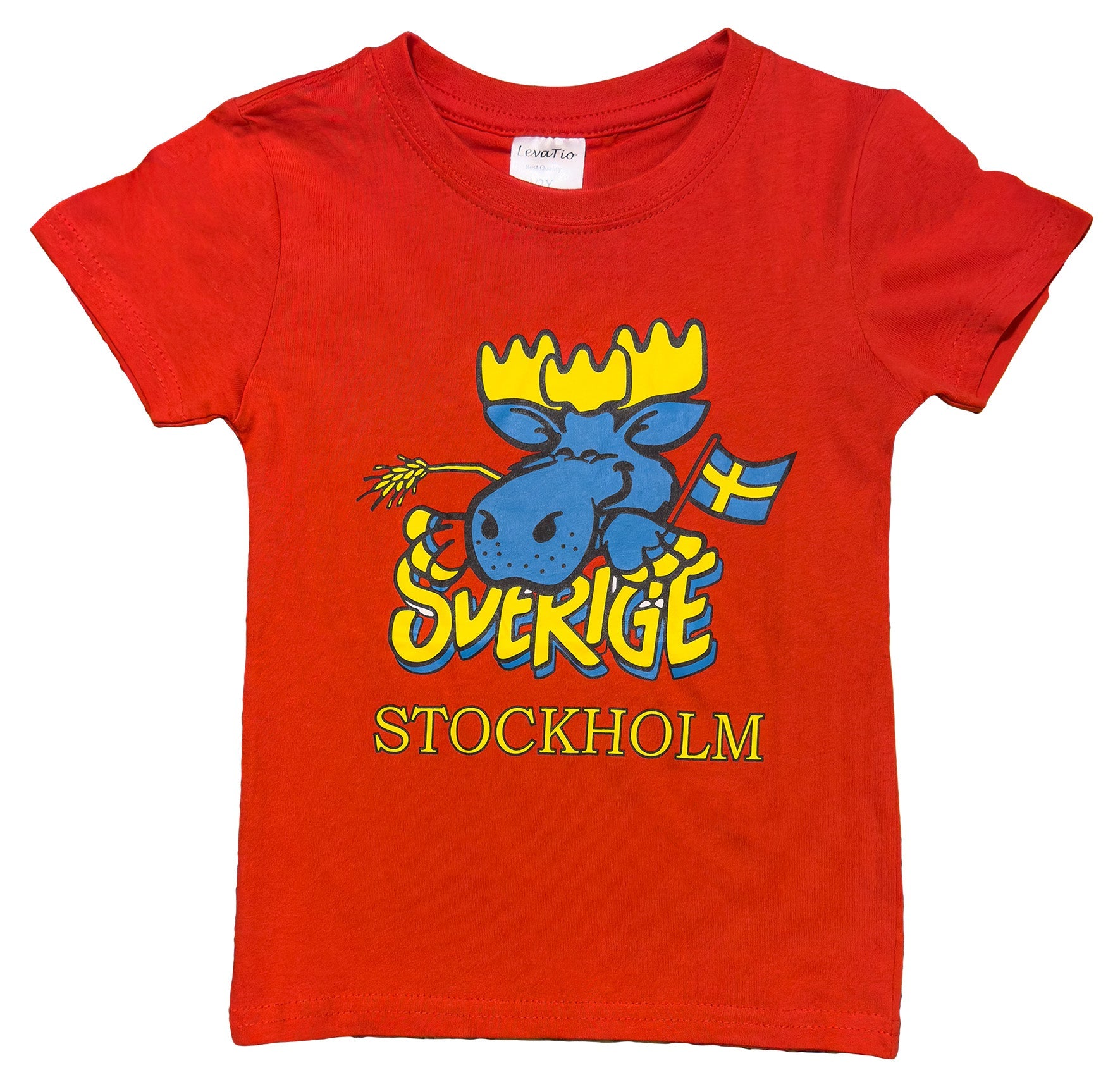 Adorable Sweden Moose Kids' T-Shirt in vibrant red Color featuring a cheerful moose with Swedish flag. Stockholm Souvenir - Style Council