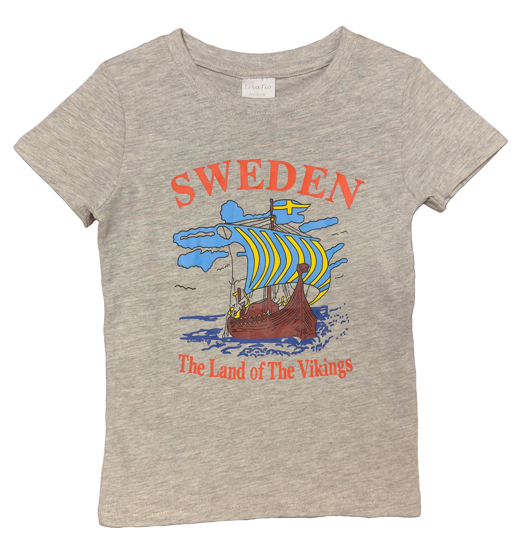 Colorful kids T-shirt in Gray featuring Sweden “Land of the Vikings” Text & Viking ship design. - Style Council