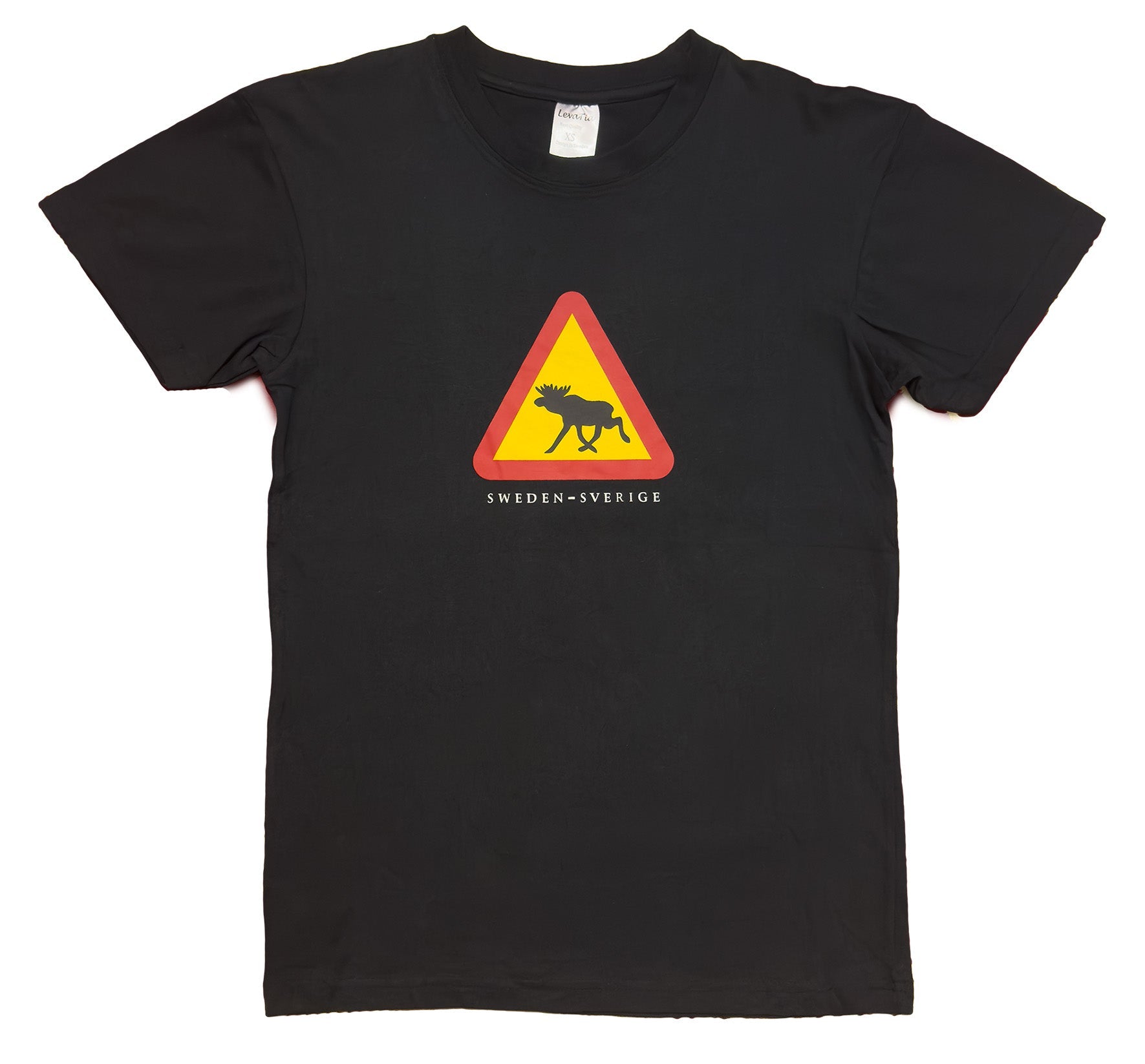 100% Black cotton t-shirt featuring the Sweden moose warning sign print the iconic road symbol with “Sweden Sverige” text. - Style Council