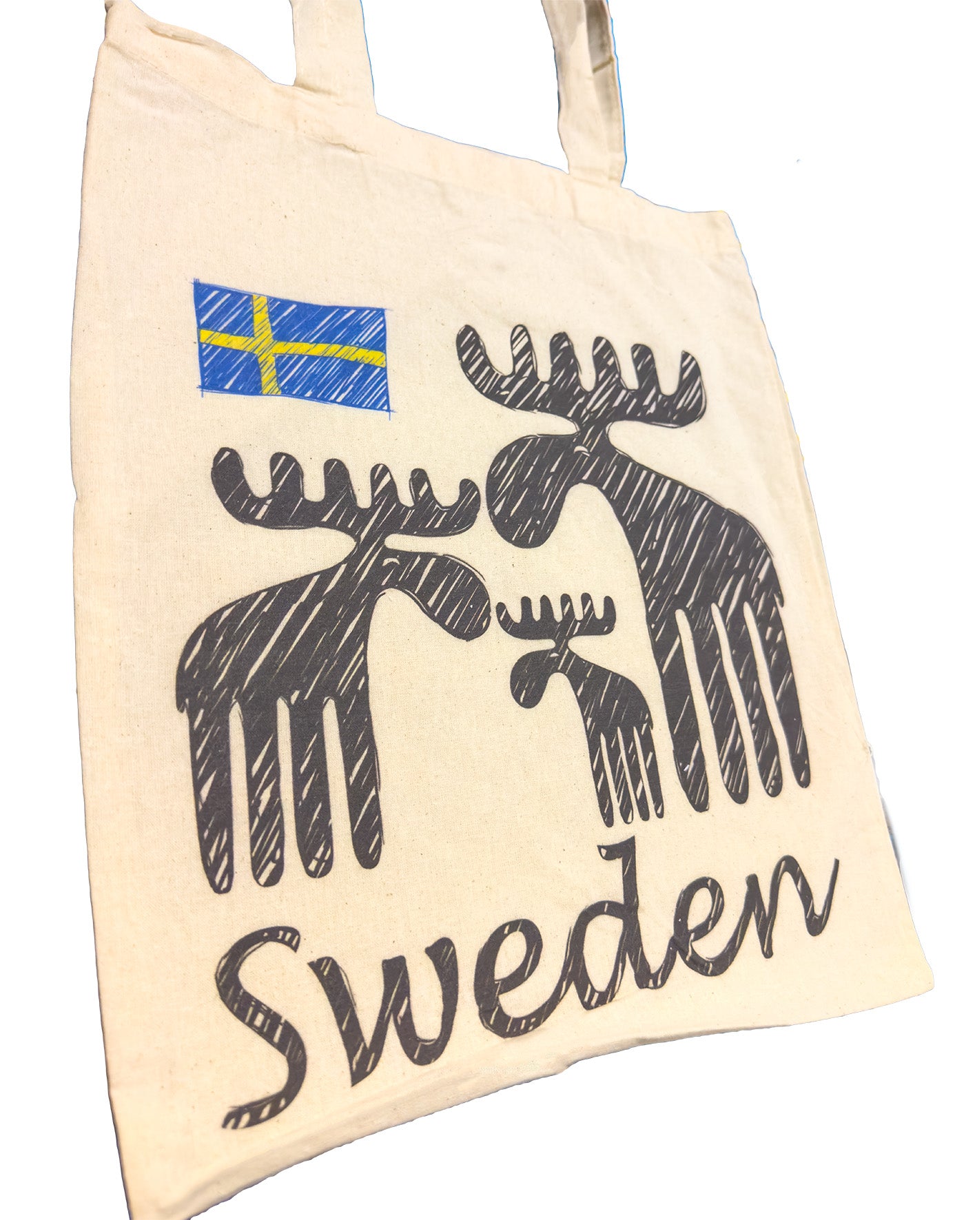 Angled front view of Sweden moose family cotton tote bag