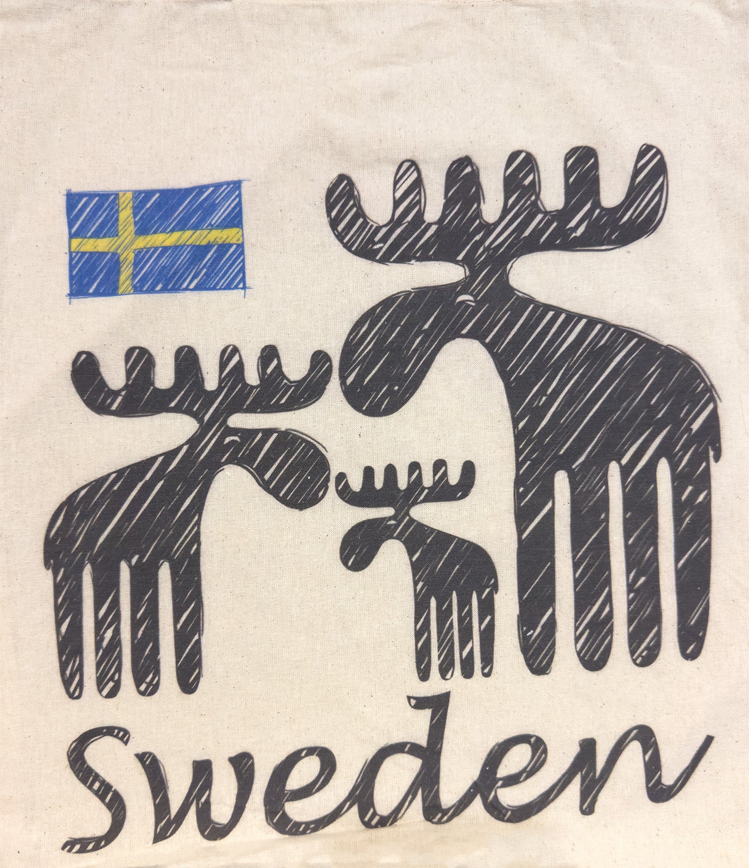 Full front flat lay of Sweden moose family tote bag with Swedish flag