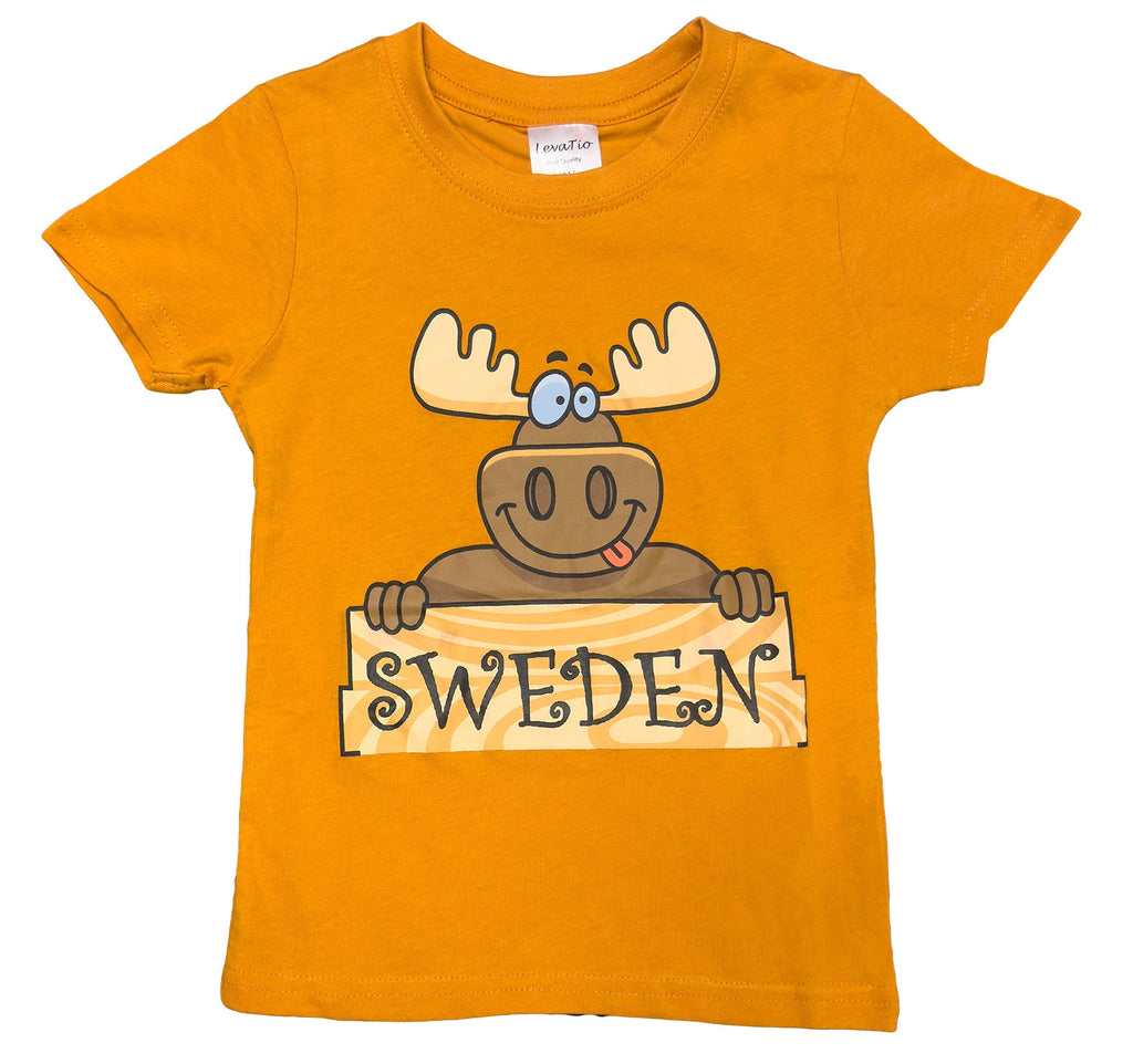Kids T-Shirt in Bright mustard Yellow - with a cute Sweden moose design, - Style Council