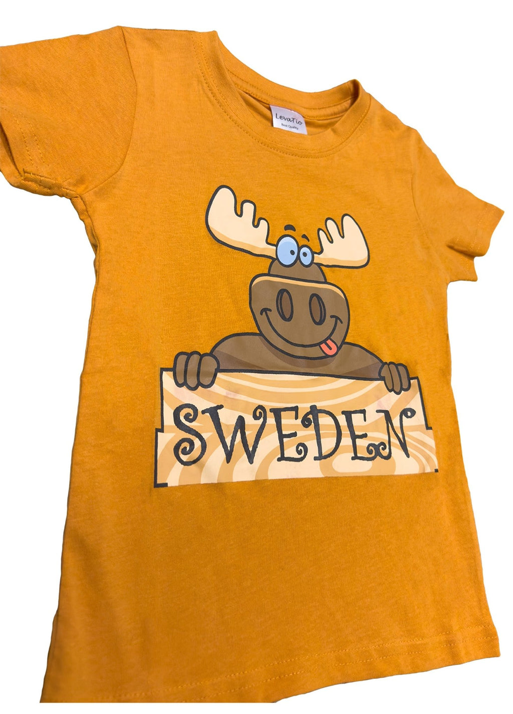 Kids T-Shirt in Bright mustard Yellow - with a cute Sweden moose design, - Style Council 