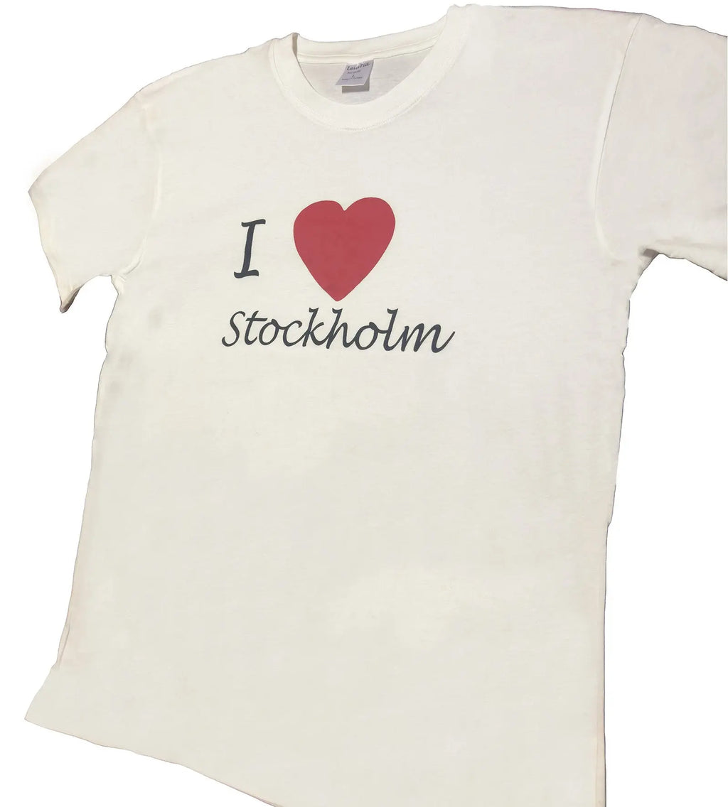 Side Angled View of White T-shirt featuring the classic “I ♥ Stockholm” print Design - Style Council 