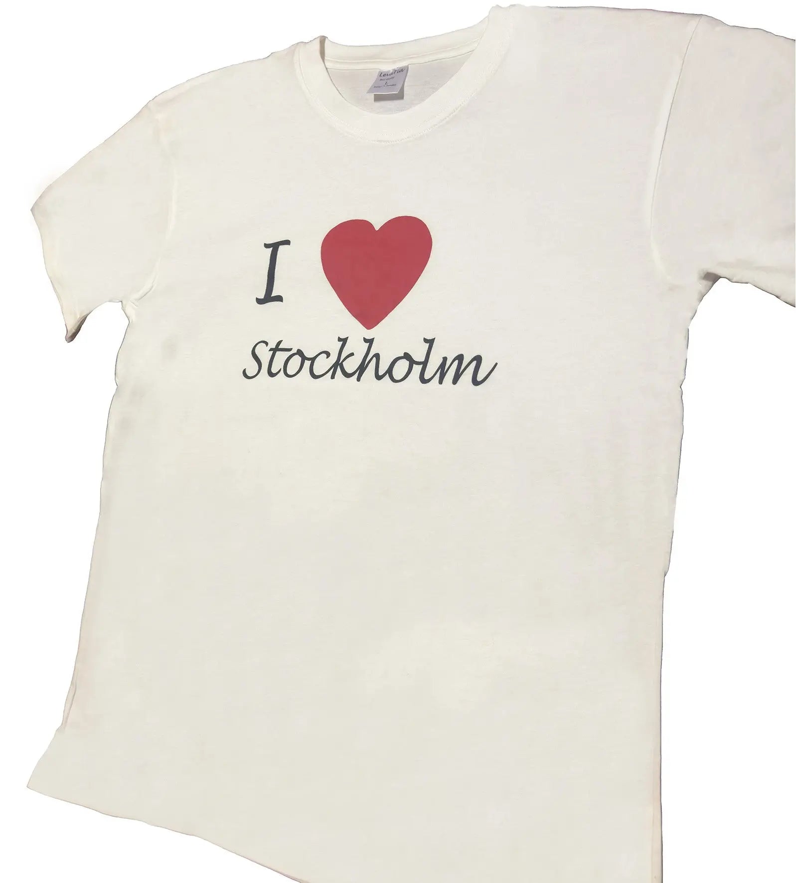 Side Angled View of White T-shirt featuring the classic “I ♥ Stockholm” print Design - Style Council 
