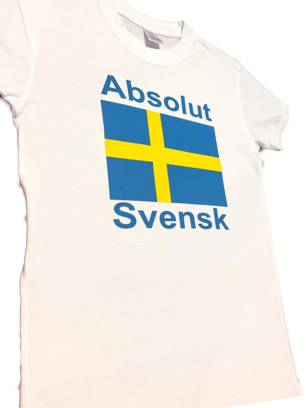 Side Angled view of T-shirt in White featuring the Swedish flag Design & 'Absolut Svensk' bold text. Made from 100% premium cotton - Style Council