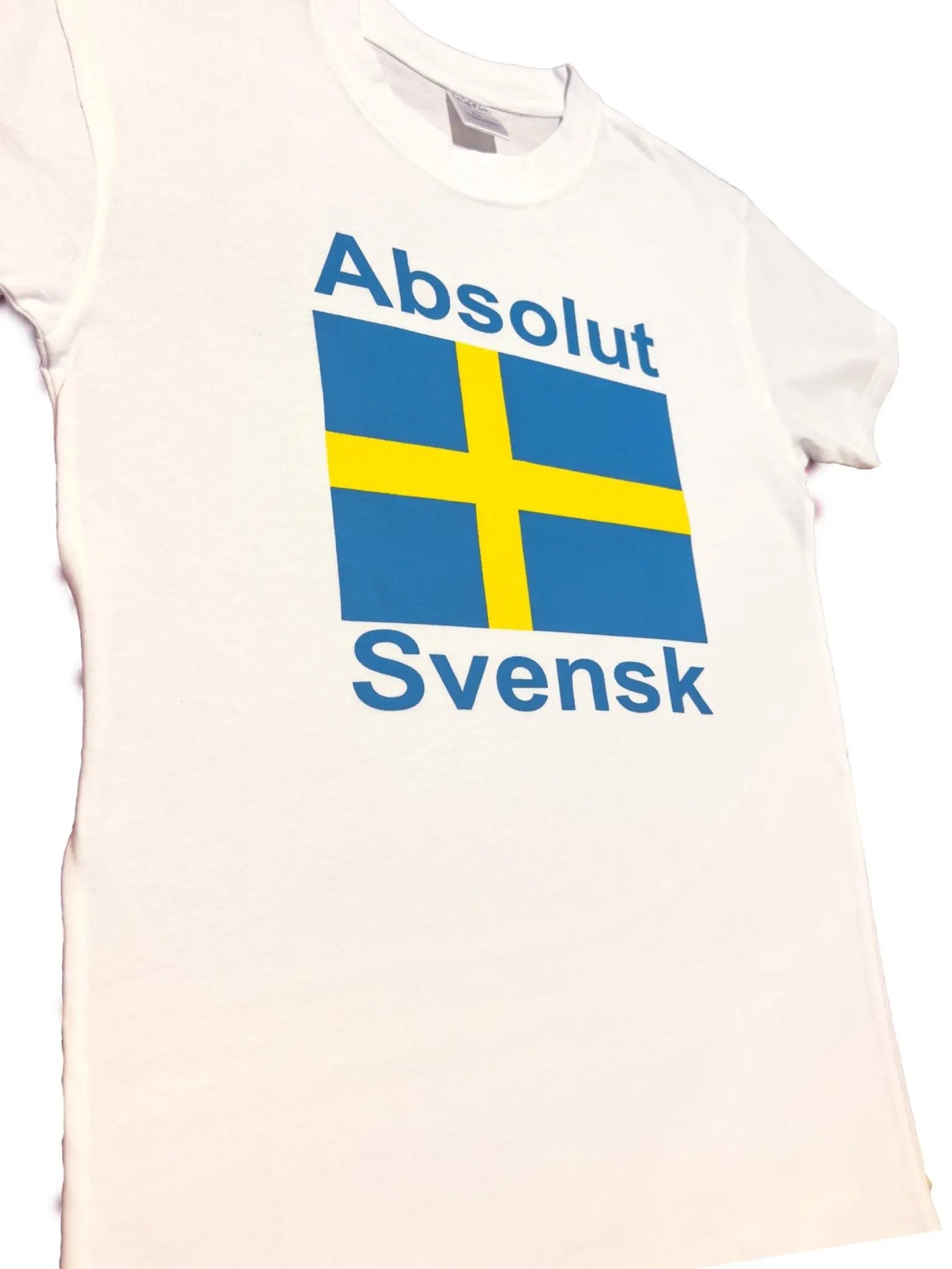 Side Angled view of T-shirt in White featuring the Swedish flag Design & 'Absolut Svensk' bold text. Made from 100% premium cotton - Style Council