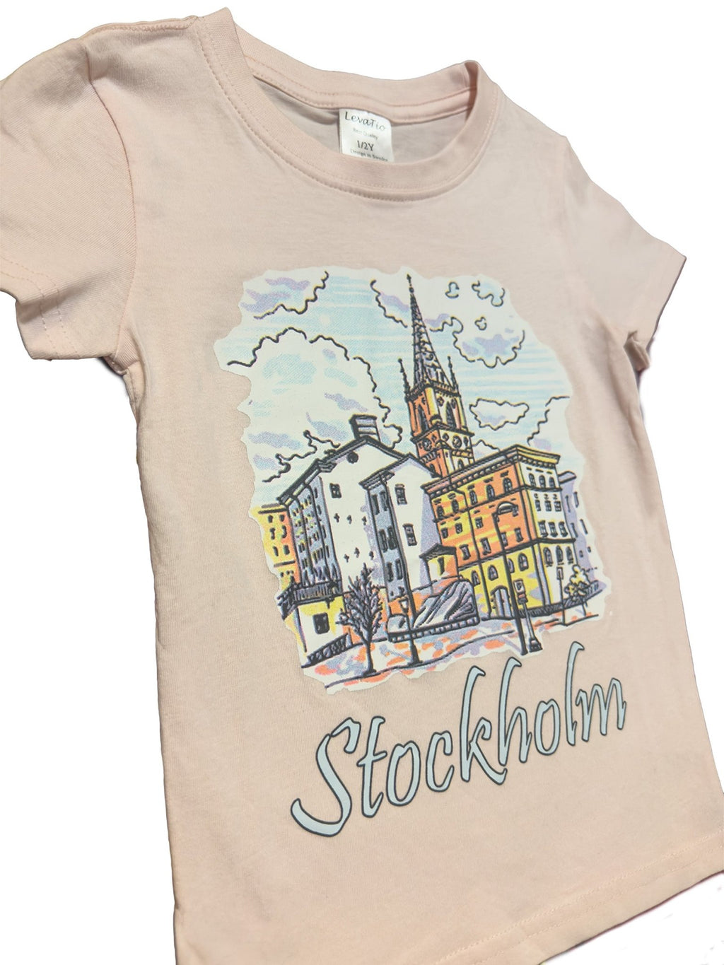 Side View of Children’s T-Shirt in Pastel pink -Stockholm Riddarholmen Print.  cityscape of Sweden Stockholm. - Style Council