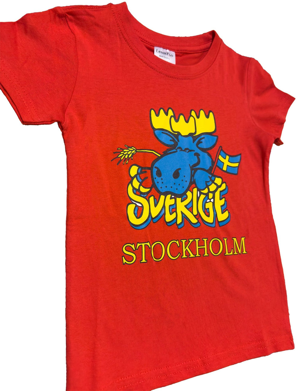 Adorable Sweden Moose Kids' T-Shirt in vibrant red Color featuring a cheerful moose with Swedish flag. Stockholm Souvenir - Style Counci