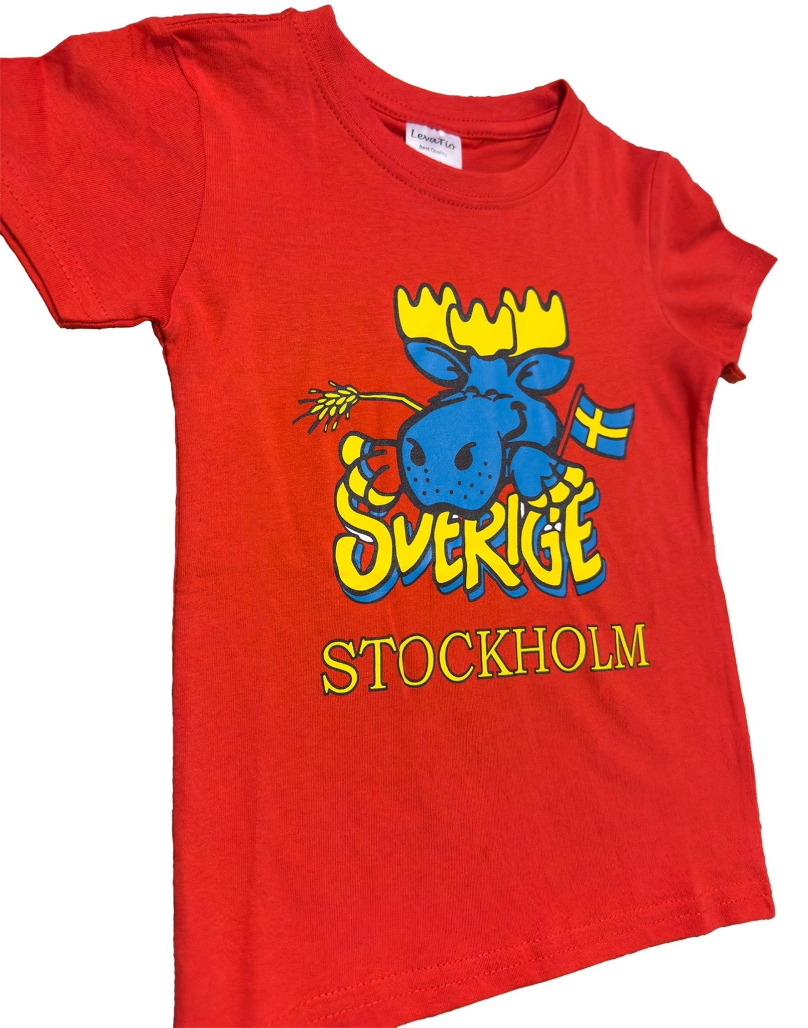 Adorable Sweden Moose Kids' T-Shirt in vibrant red Color featuring a cheerful moose with Swedish flag. Stockholm Souvenir - Style Counci