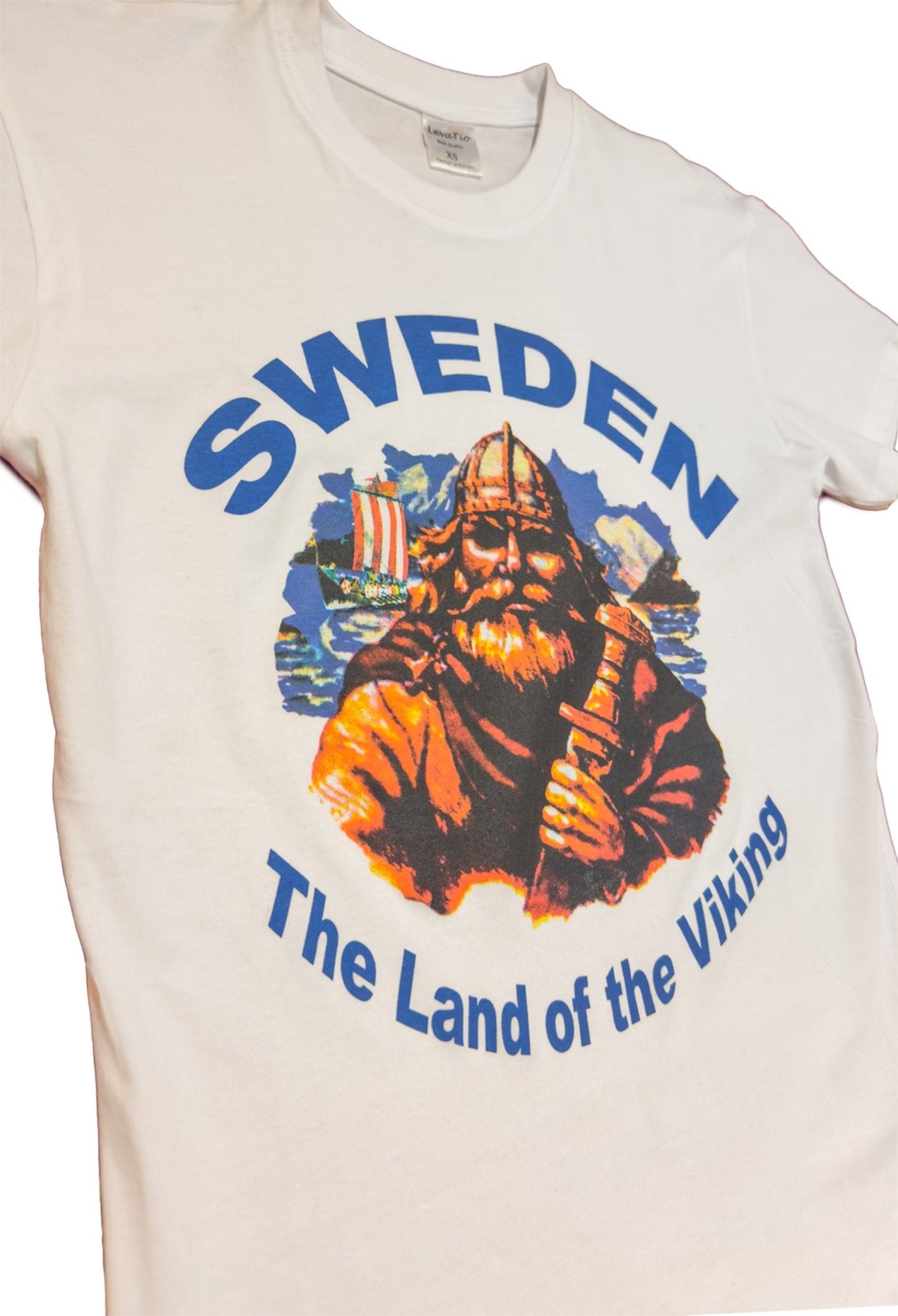 Side View of Bold Sweden souvenir' White t-shirt with Viking warrior and ship graphic. Soft 100% cotton with a bold Viking design - Style Council