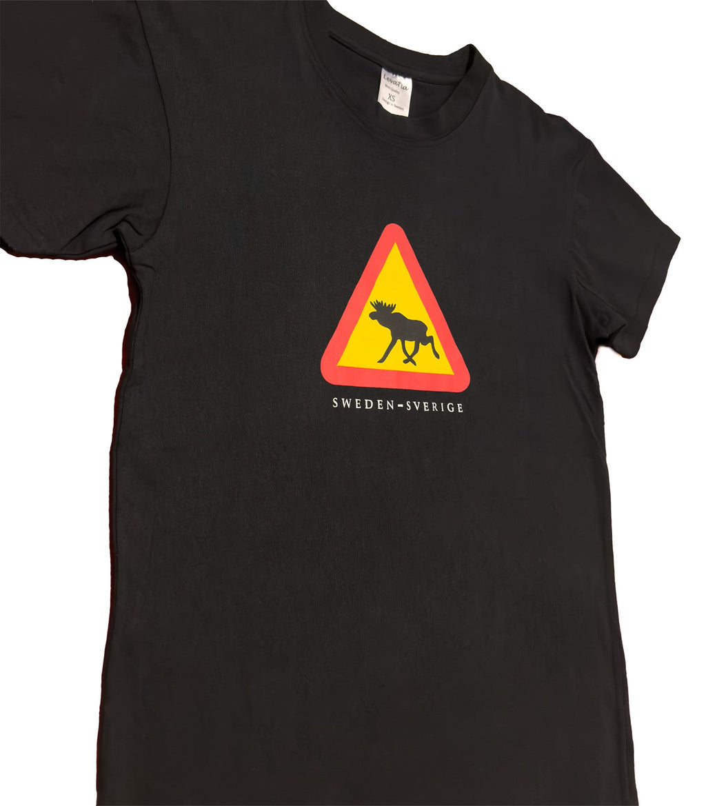 Black T-shirt - Sweden Moose Warning Sign Design - Style Council