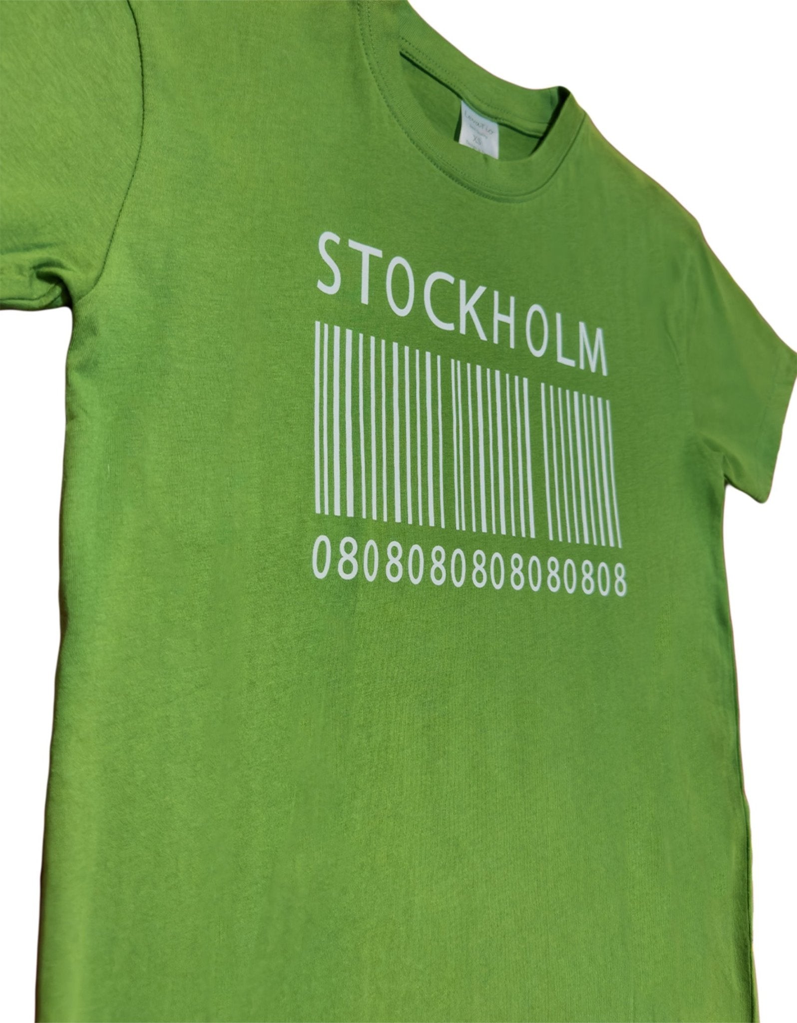 Side view of Modern green t-shirt with Stockholm barcode design. A unique Sweden t-shirt made from soft cotton - Style Council - Style Council
