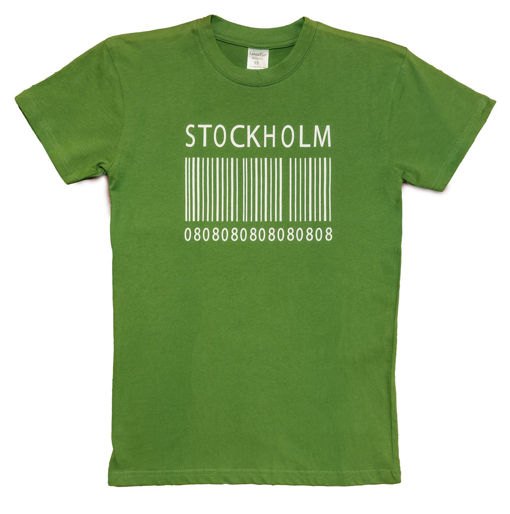 Front view of Modern green t-shirt with Stockholm barcode design. A unique Sweden t-shirt made from soft cotton - Style Council
