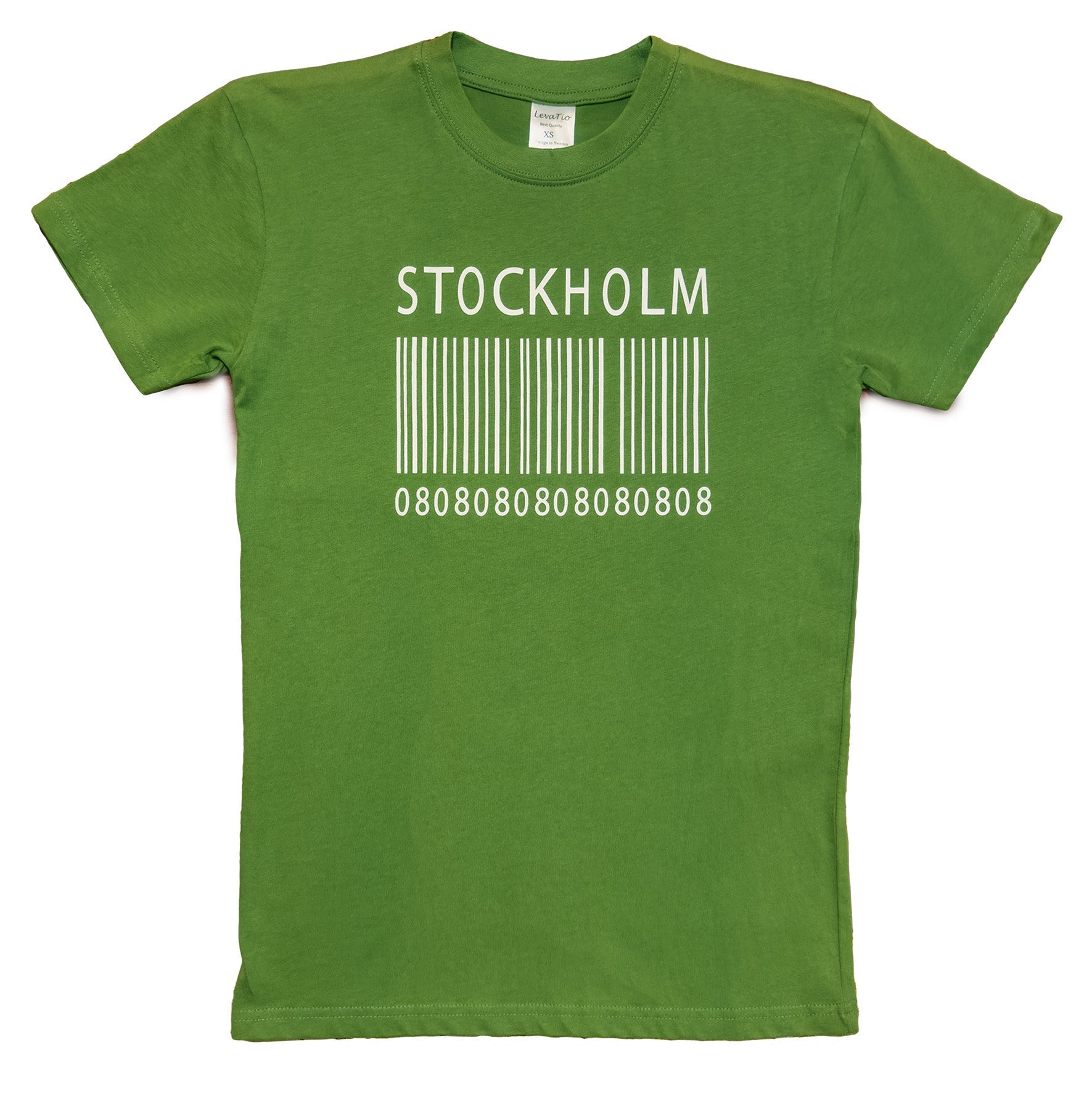 Front view of Modern green t-shirt with Stockholm barcode design. A unique Sweden t-shirt made from soft cotton - Style Council