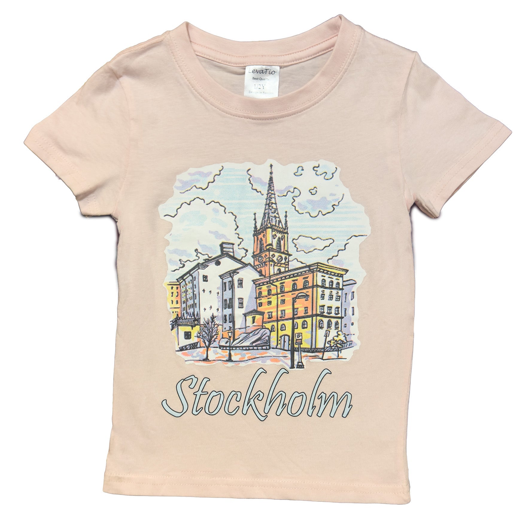 Children’s T-Shirt in Pastel pink featuring Stockholm Riddarholmen Print. hand-drawn cityscape of Sweden Stockholm. - Style Council