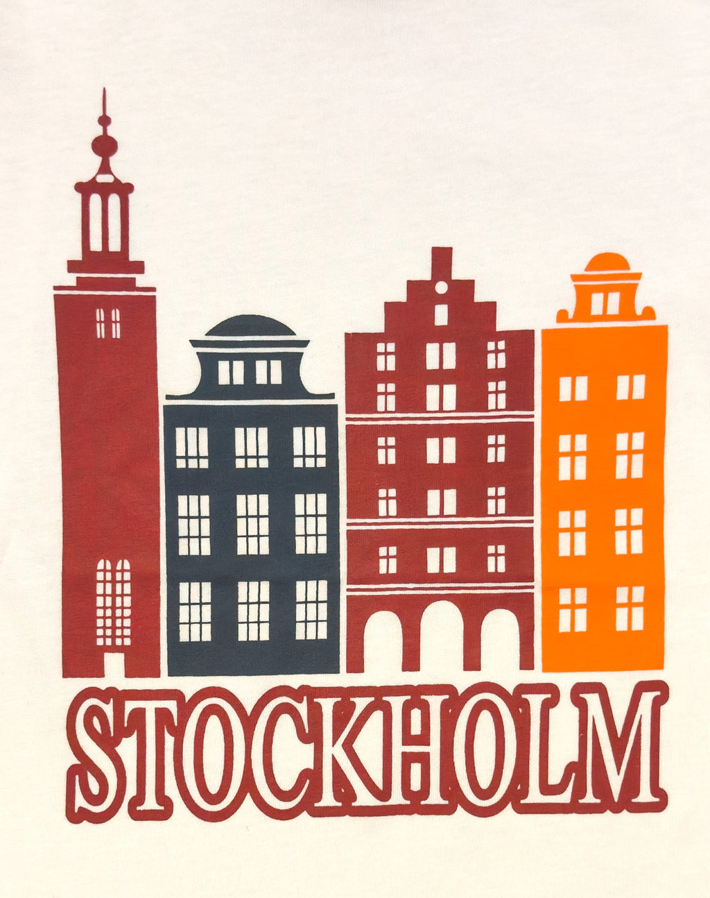 Close-up of Stockholm Gamla Stan Old Town buildings illustration on kids T-shirt - Style Council