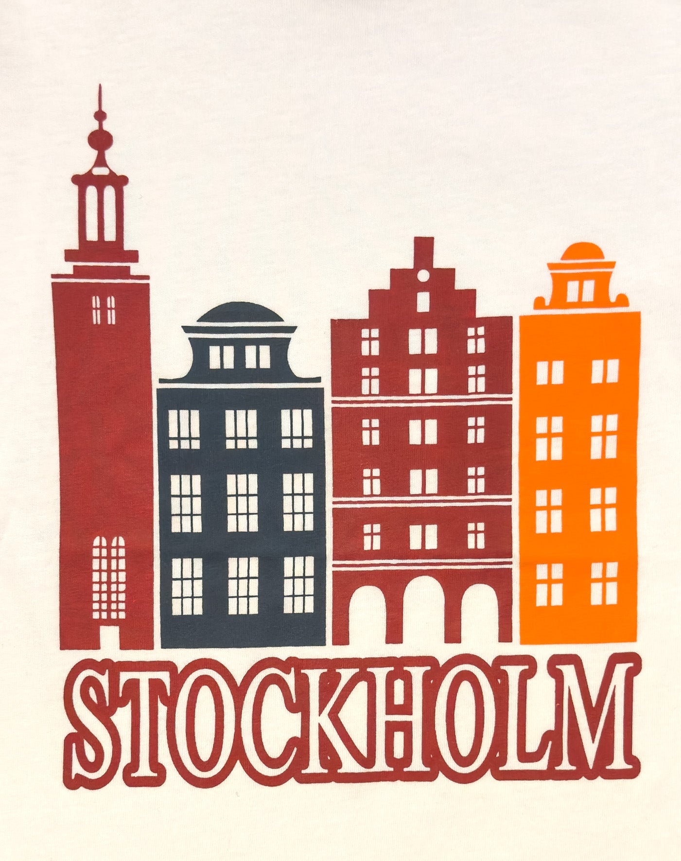Close-up of Stockholm Gamla Stan Old Town buildings illustration on kids T-shirt - Style Council