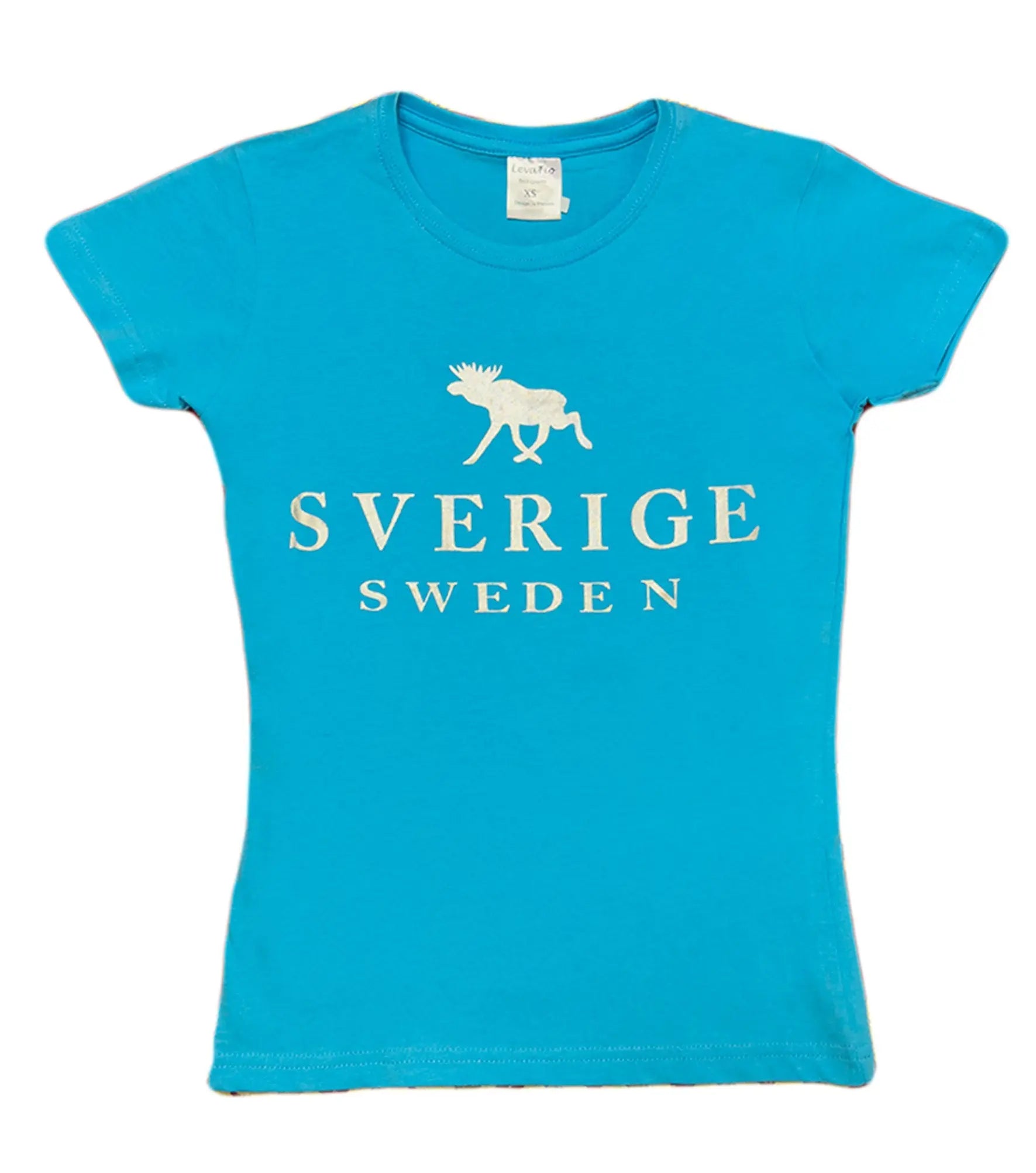 Elegant Women’s t-shirt in sky blue with a shimmering silver moose graphic and bold “SVERIGE SWEDEN” text. - Style Council