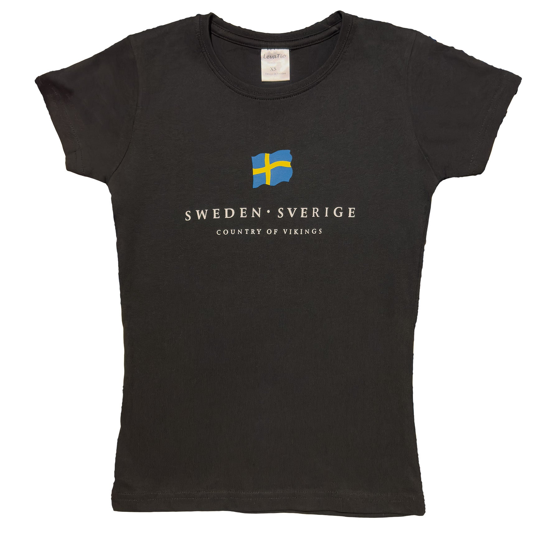 Swedish women’s T-shirt in black color featuring the Swedish flag and “Sweden Country of Vikings” text - Style Council