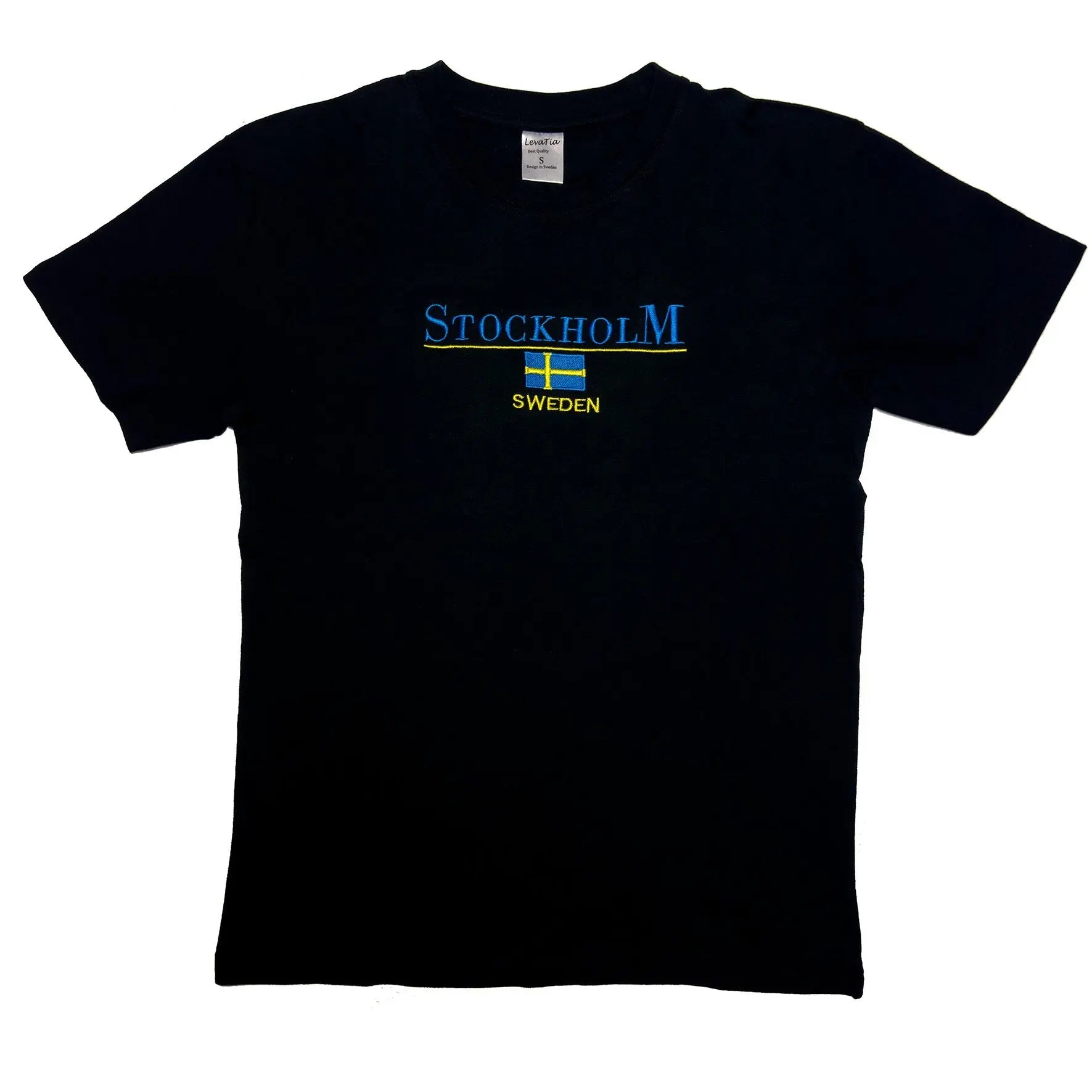 Sweden Flag embroidered T-shirt in Black featuring “Stockholm Sweden”text' and detailed flag design. - Style Council