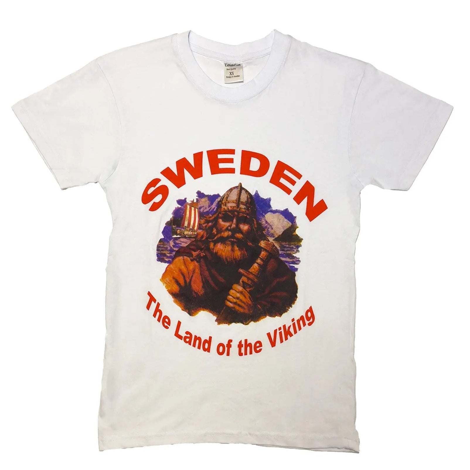 White t-shirt featuring Vikings design &  “Sweden–The Land of Viking” Text Red Color .- Style Council
