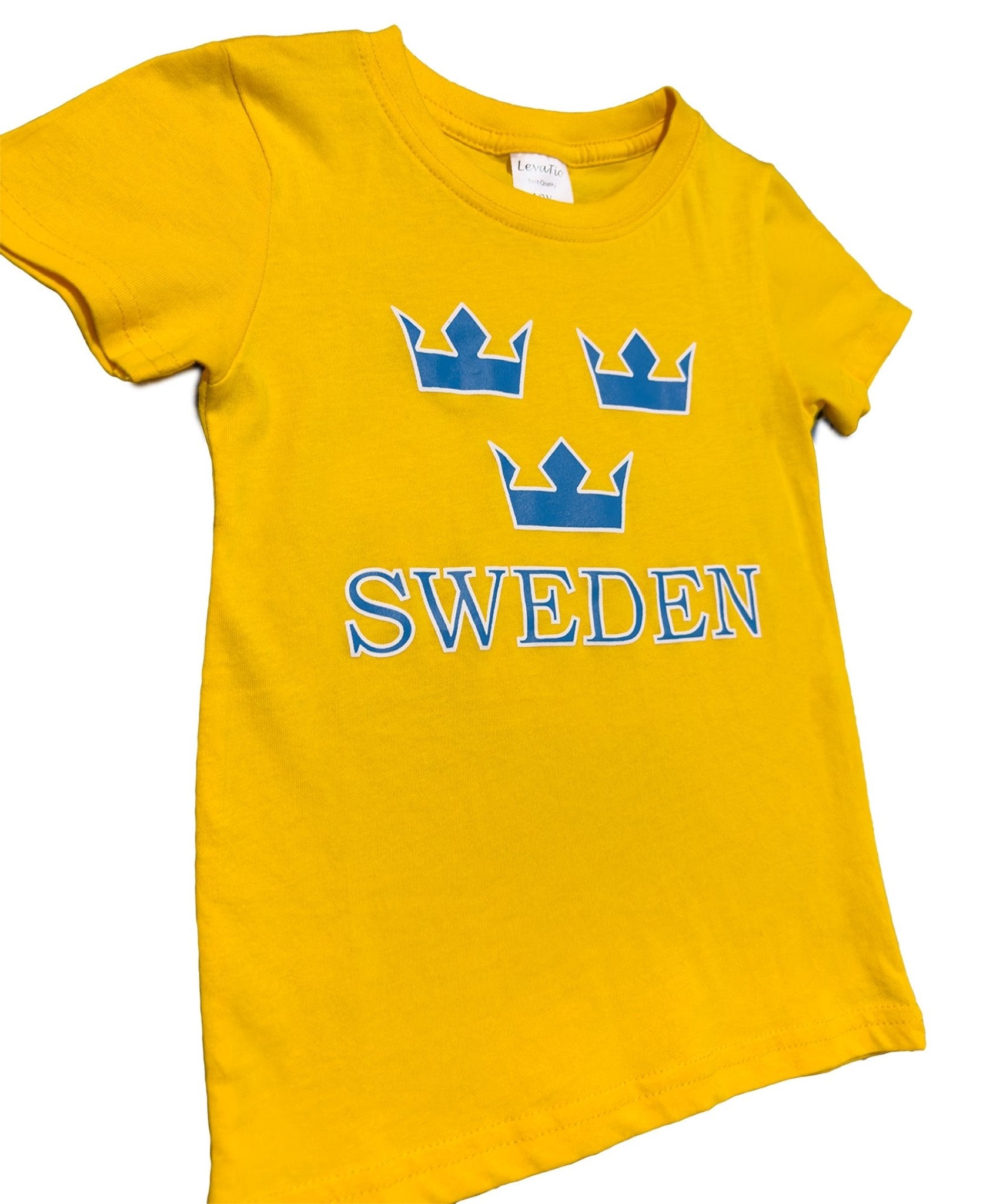 Side view Of Vibrant yellow Sweden Three Crown Kids' T-Shirt featuring iconic blue crowns and bold "SWEDEN" text. - Style Council