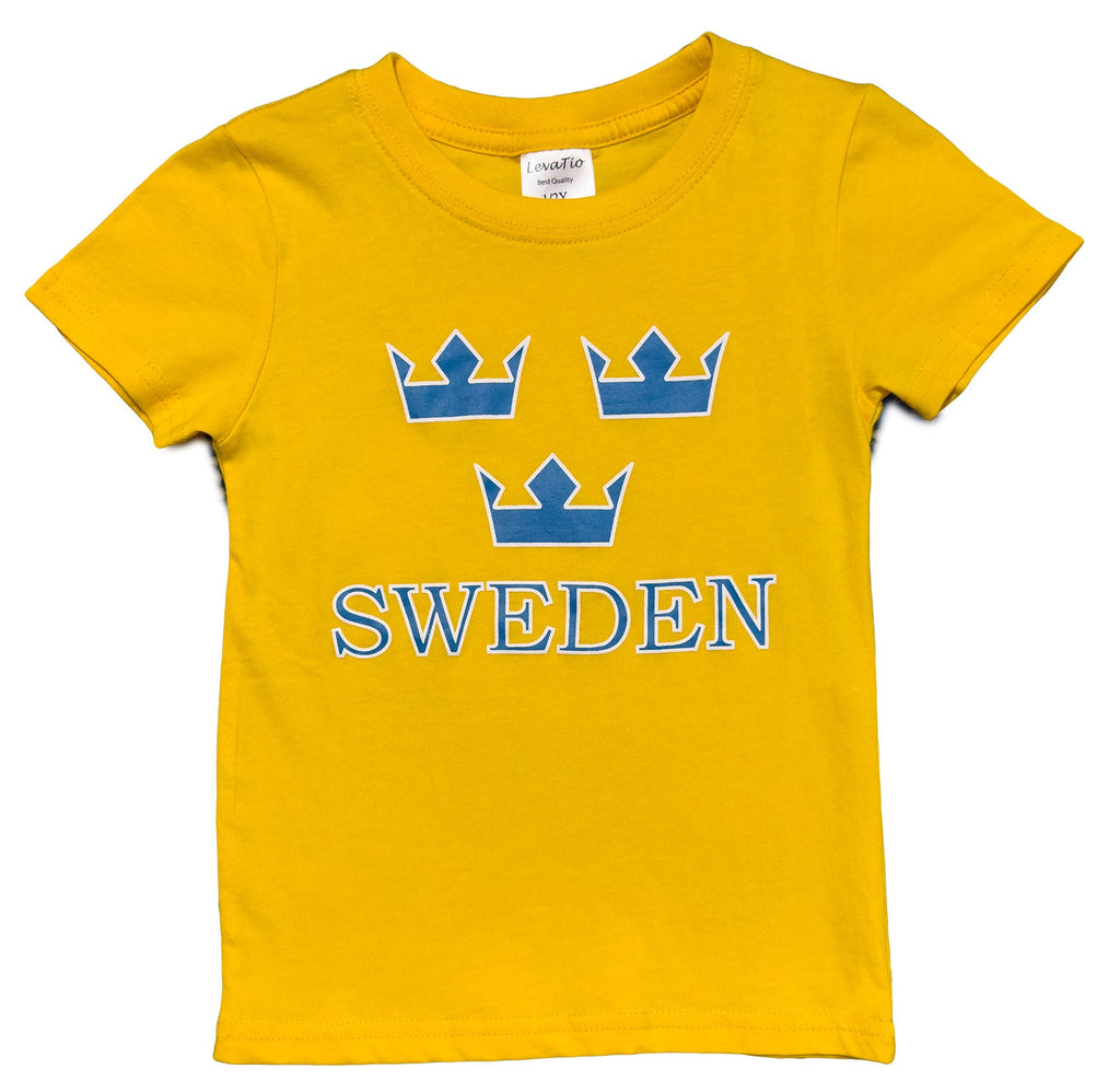 Fornt view Of Vibrant yellow Sweden Three Crown Kids' T-Shirt featuring iconic blue crowns and bold "SWEDEN" text. - Style Council