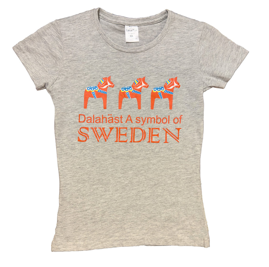 Dala Horse T-Shirt For Women’s  inspired by Swedish heritage. “Dalahäst – Symbol of Sweden” Text design' in soft gray cotton - Style Council