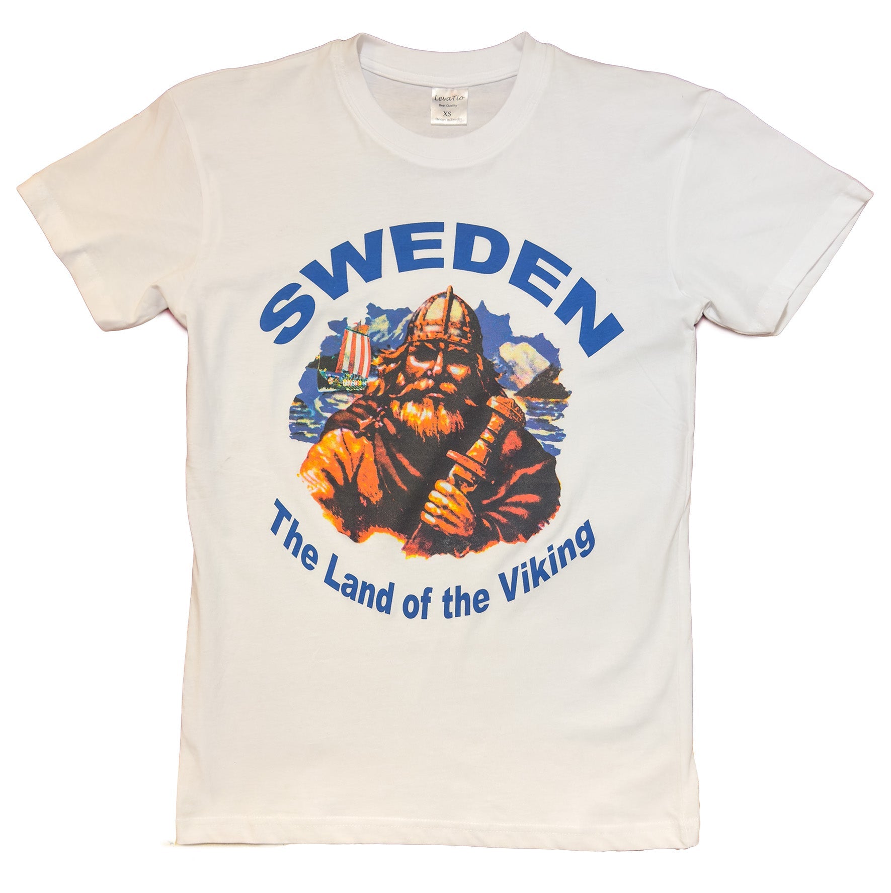Front View of Bold Sweden souvenir' White t-shirt with Viking warrior and ship graphic. Soft 100% cotton with a bold Viking design - Style Council