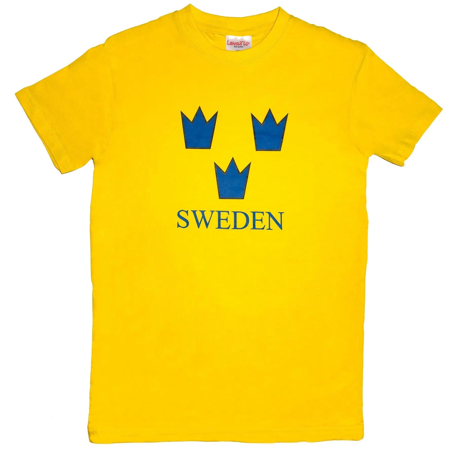 Unisex yellow T-shirt featuring Tre Kronor and bold 'SWEDEN' Text print. - Style Council