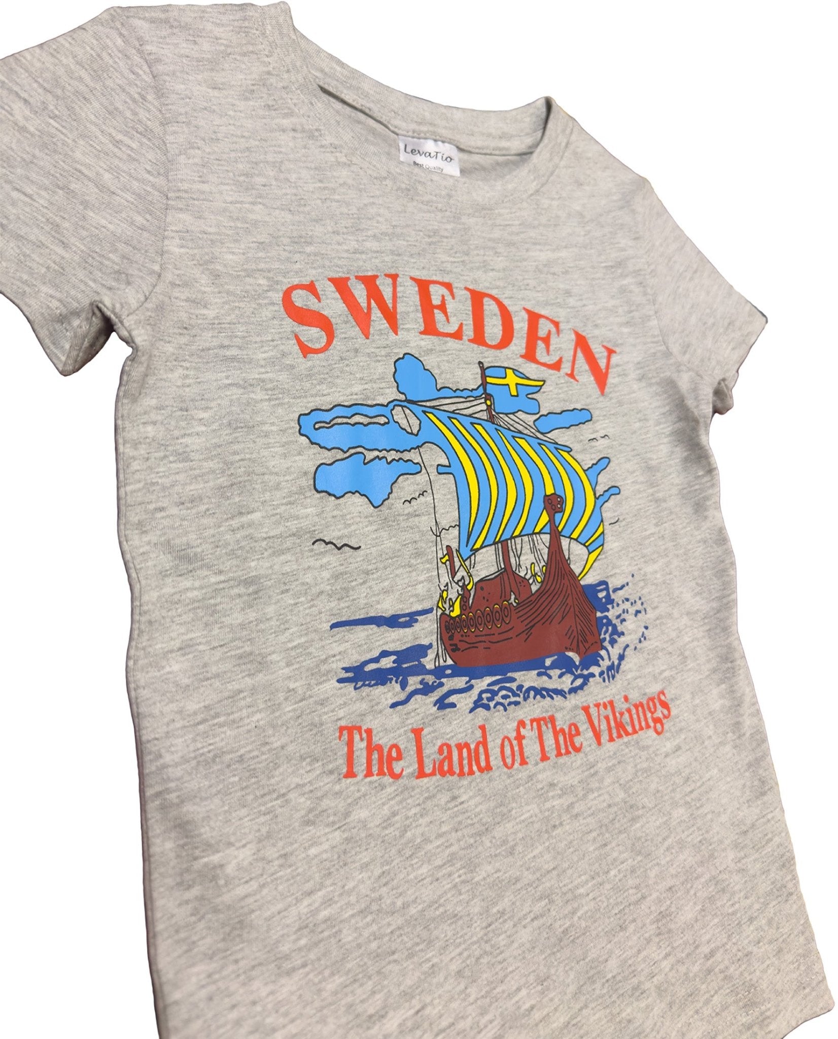 Side View of Colorful kids T-shirt in Gray featuring Sweden “Land of the Vikings” Text & Viking ship design. - Style Council