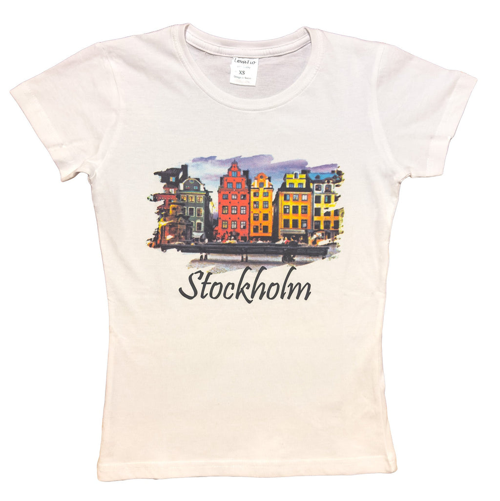 Stockholm souvenir Women’s Classic T-shirt featuring a colorful Stortorget print from Gamla Stan Old Town. - Style Council