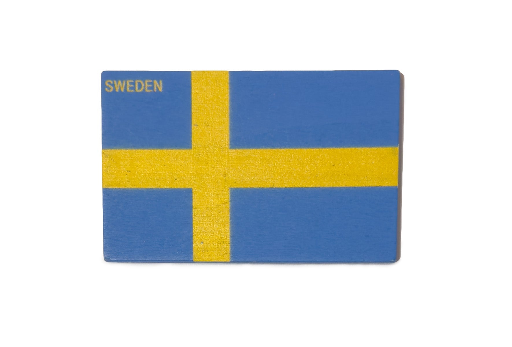 Wooden' Sweden flag magnet featuring bold colors with rustic charm.- Style Council