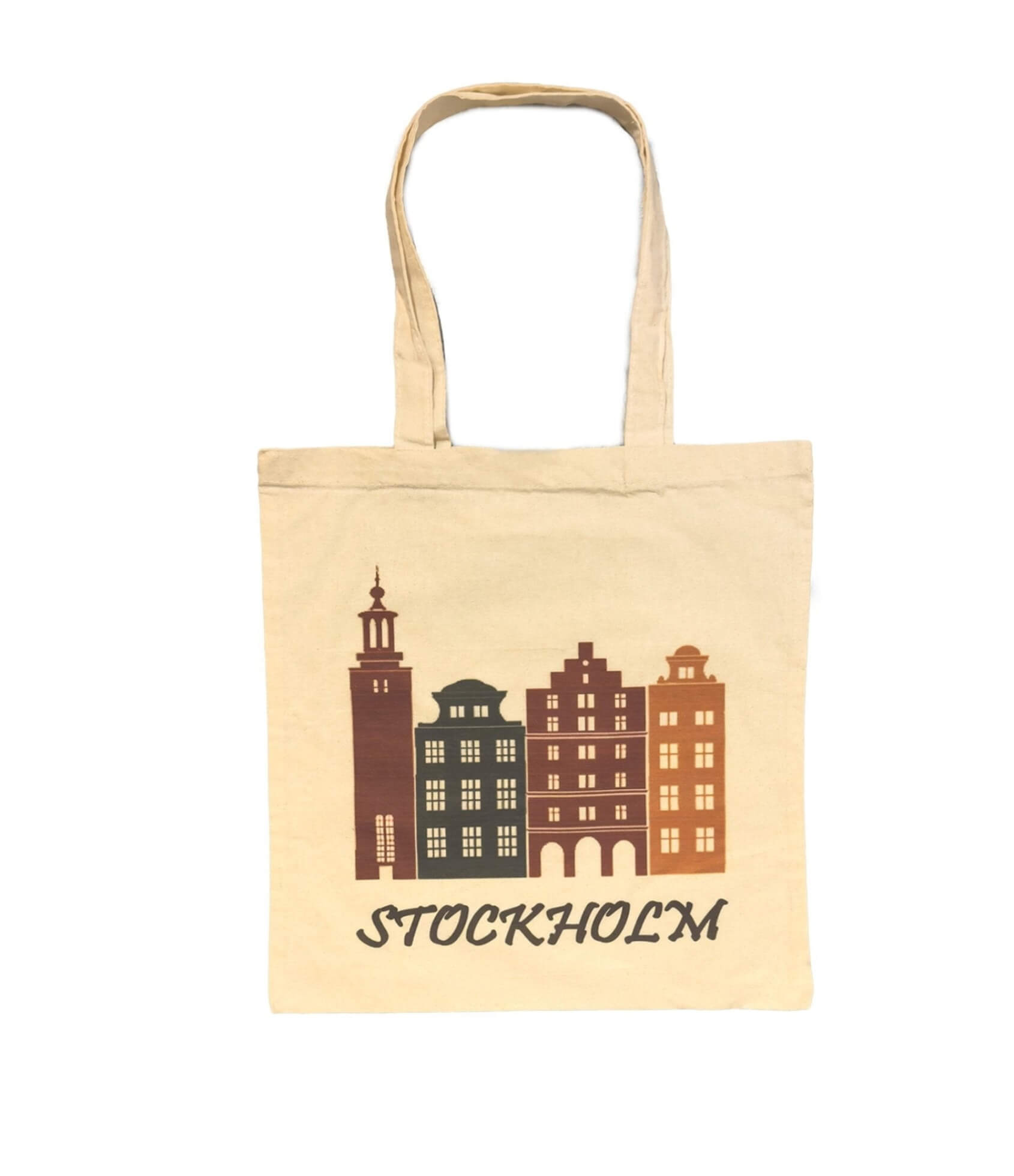 Beige cotton tote bag with Stockholm City skyline print and the word "STOCKHOLM" on the front - Style Council