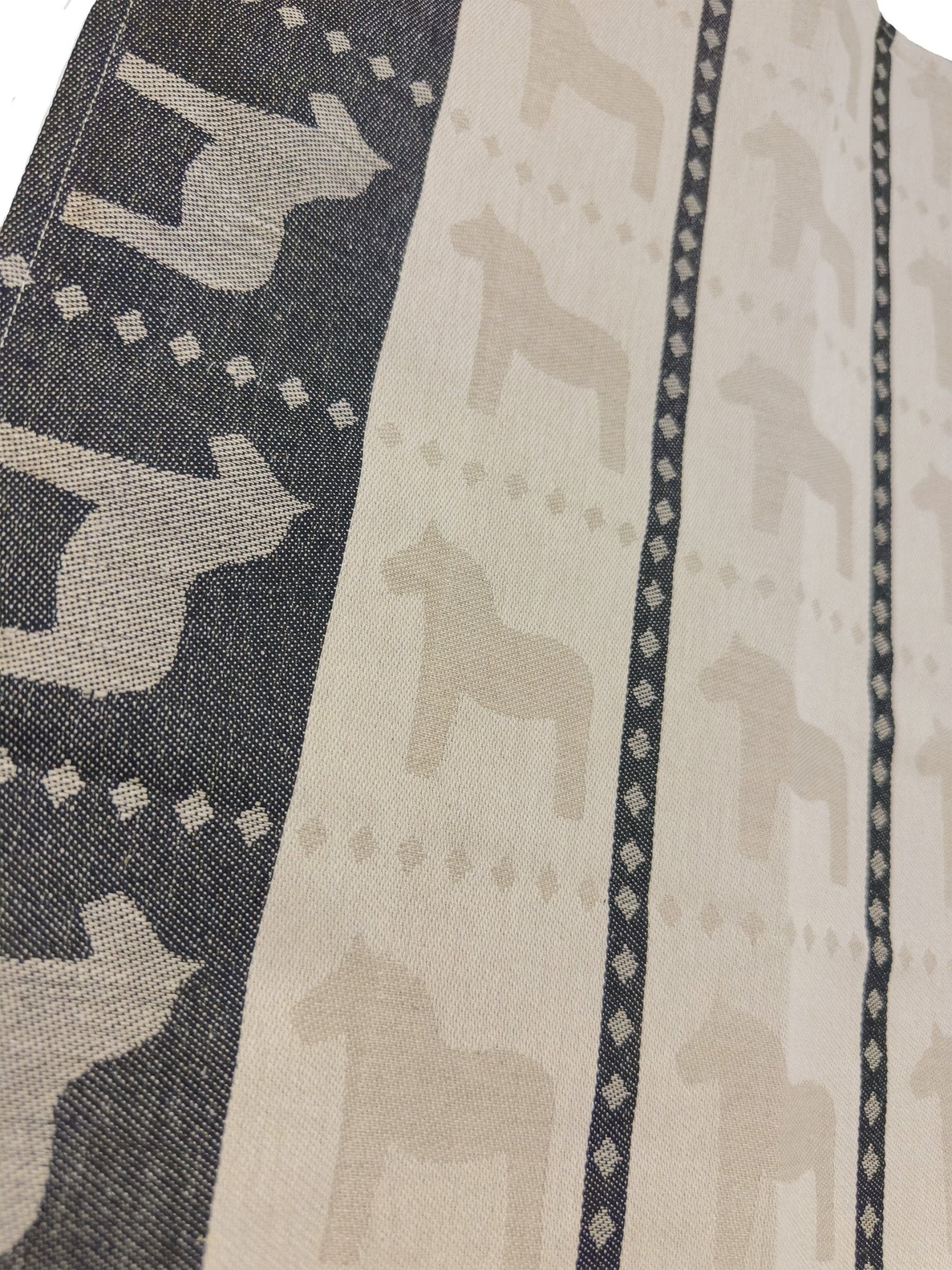 Close-up of linen cotton kitchen towel showing Swedish Dala horse woven design - Style Council