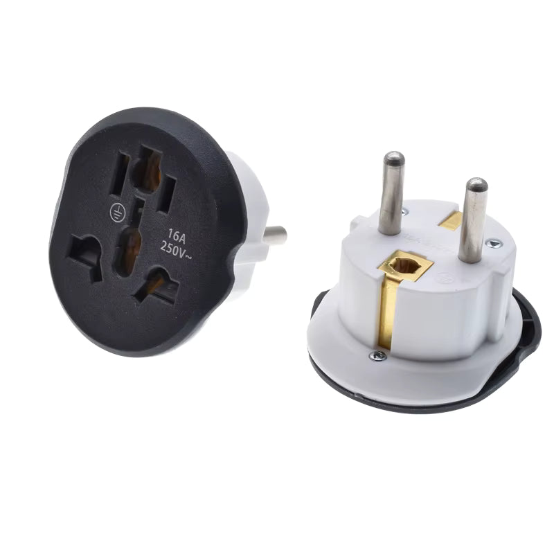 Front angle European travel plug adapter universal converter to EU Schuko plug showing front & angle side