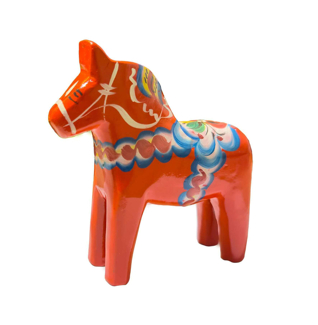 Handmade red Swedish Dala Horse wooden figurine with traditional kurbits folk art painting - Style Council