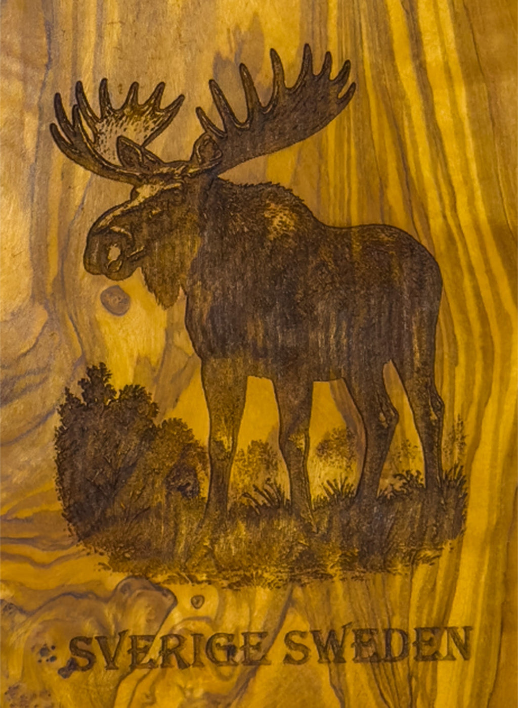 Angled view of olive wood cutting board featuring engraved Swedish moose design - Style Council