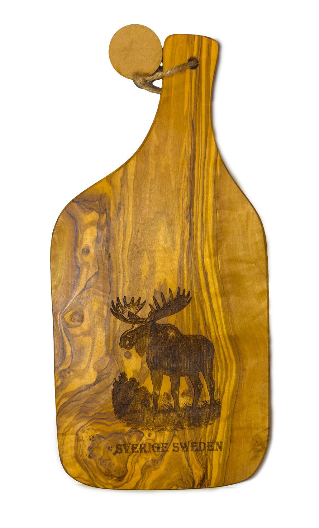 Olive wood cutting board with engraved moose design and “Sverige Sweden” text, handcrafted Swedish souvenir serving board - Style Council
