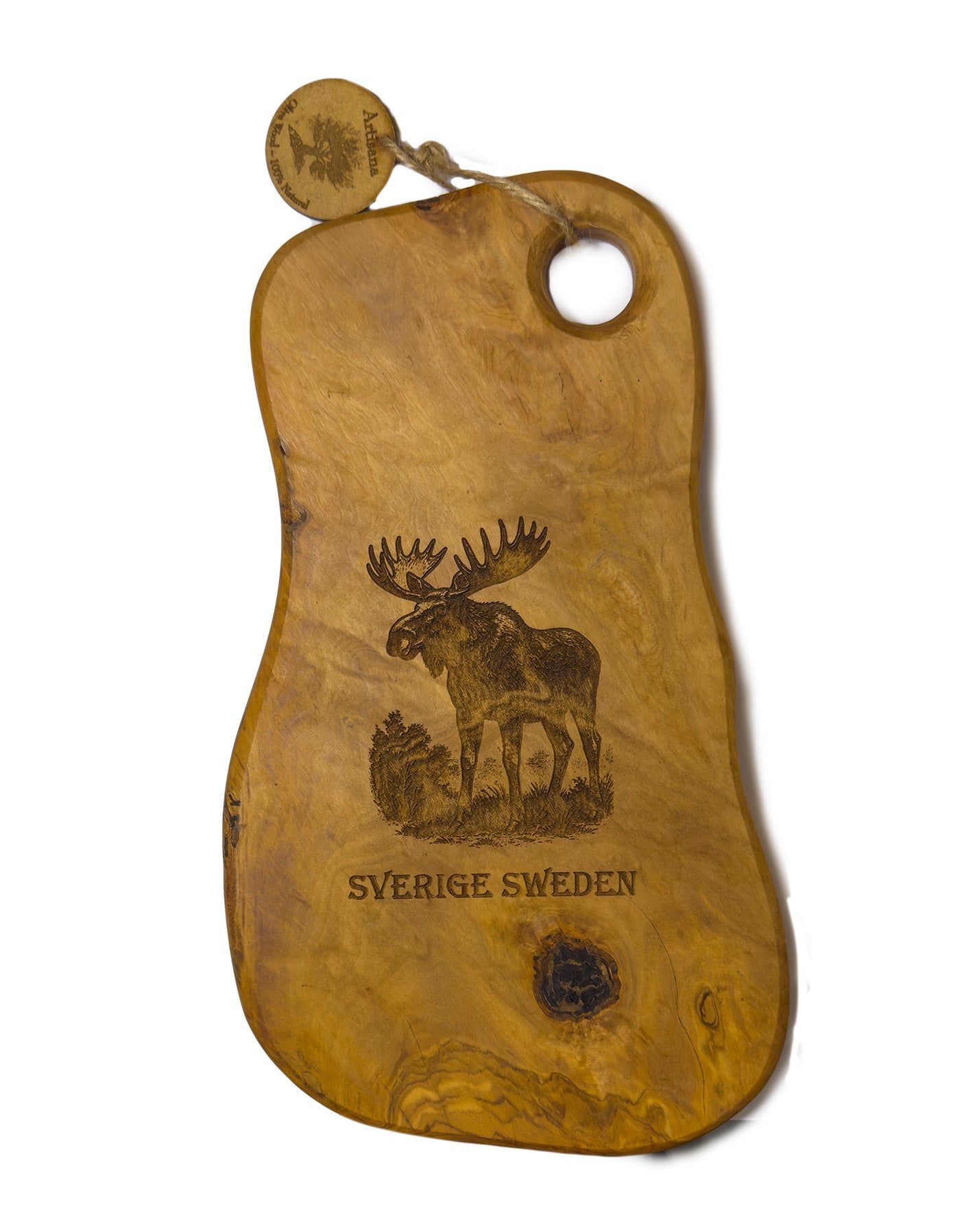 Olive Wood Cutting Board with Round Grip Hole – Moose Design “Sverige Sweden” - Style Council